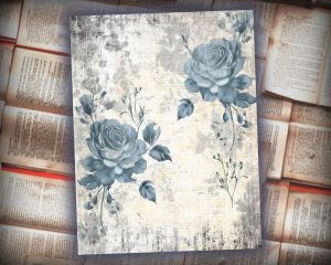 16 papers | Rose and Gray Blue and White Shabby Chic Digital Scrapbooking Kit with Vintage Floral Ephemera and Distressed Paper Backgrounds