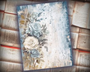 16 papers | Rose and Gray Blue and White Shabby Chic Digital Scrapbooking Kit with Vintage Floral Ephemera and Distressed Paper Backgrounds