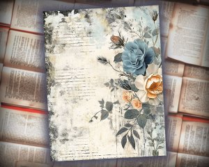 16 papers | Rose and Gray Blue and White Shabby Chic Digital Scrapbooking Kit with Vintage Floral Ephemera and Distressed Paper Backgrounds