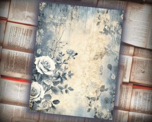 16 papers | Rose and Gray Blue and White Shabby Chic Digital Scrapbooking Kit with Vintage Floral Ephemera and Distressed Paper Backgrounds