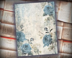 16 papers | Rose and Gray Blue and White Shabby Chic Digital Scrapbooking Kit with Vintage Floral Ephemera and Distressed Paper Backgrounds