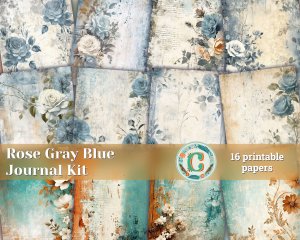 16 papers | Rose and Gray Blue and White Shabby Chic Digital Scrapbooking Kit with Vintage Floral Ephemera and Distressed Paper Backgrounds