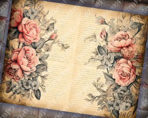 Watercolor Illustration Lined Paper Roses Floral Theme Clipart, Vintage Flowers Wallpaper for Junk Journal, High Quality and Detailed