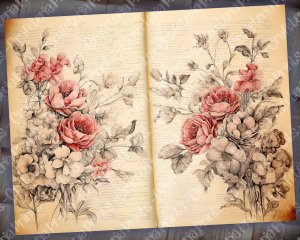 Watercolor Illustration Lined Paper Roses Floral Theme Clipart, Vintage Flowers Wallpaper for Junk Journal, High Quality and Detailed