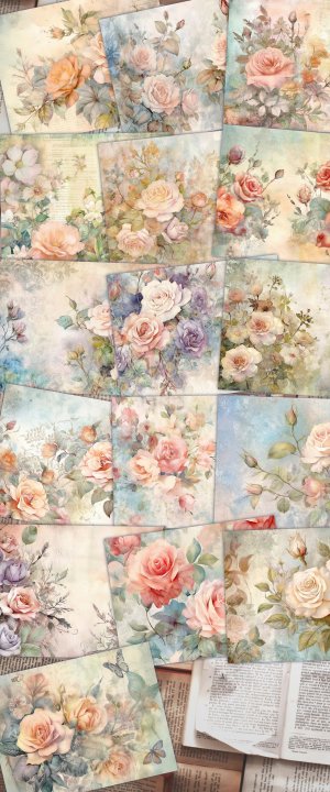 Watercolor Roses Junk Journal Background | Fairy Collage Printable | Digital Nature Journal Paper | Floral Muted Colors | Invitations