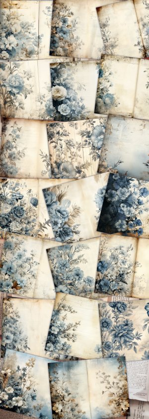 20 Pages of Rustic Soft Blue Floral Scrapbook Paper, High Res 8k, Perfect for Invitations, Digital Planners, Journaling, Junk Journals