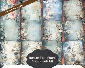 18 pages of Rustic Soft Blue Floral Scrapbook Paper, High Res 8K - Perfect for Invitations, Digital Planners, Journaling, Junk Journals