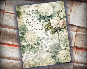 16 papers | Rustic Soft Green Floral Scrapbook Paper High Res 8K, Junk Journal Kit, Shabby Chic Printable Pages, Journaling Ephemera