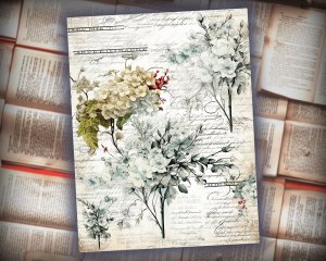 16 papers | Rustic Soft Green Floral Scrapbook Paper High Res 8K, Junk Journal Kit, Shabby Chic Printable Pages, Journaling Ephemera