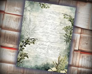 16 papers | Rustic Soft Green Floral Scrapbook Paper High Res 8K, Junk Journal Kit, Shabby Chic Printable Pages, Journaling Ephemera