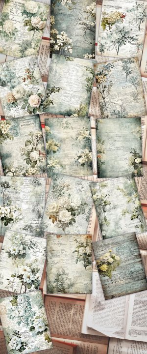 16 papers | Rustic Soft Green Floral Scrapbook Paper High Res 8K, Junk Journal Kit, Shabby Chic Printable Pages, Journaling Ephemera