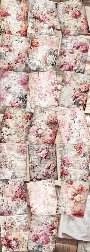 20 pages of Rustic Soft Pink Floral Scrapbook Paper | High Res 8k | Perfect for Invitations, Digital Planners, Journaling | Junk Journals