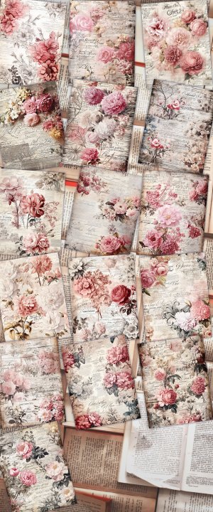 16 Papers | Rustic Soft Pink Floral Scrapbook Paper High Res 8K, Junk Journal Kit, Shabby Chic Scrapbooking, Printable Pages and Papers