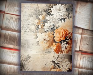 16 Papers | Rustic Soft Orange Floral Scrapbooking Kit, Shabby Chic Printable Pages for Junk Journals, High Res 8K Ephemera, Journaling Set