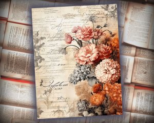 16 Papers | Rustic Soft Orange Floral Scrapbooking Kit, Shabby Chic Printable Pages for Junk Journals, High Res 8K Ephemera, Journaling Set