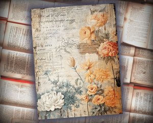 16 Papers | Rustic Soft Orange Floral Scrapbooking Kit, Shabby Chic Printable Pages for Junk Journals, High Res 8K Ephemera, Journaling Set