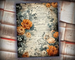 16 Papers | Rustic Soft Orange Floral Scrapbooking Kit, Shabby Chic Printable Pages for Junk Journals, High Res 8K Ephemera, Journaling Set