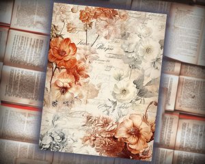 16 Papers | Rustic Soft Orange Floral Scrapbooking Kit, Shabby Chic Printable Pages for Junk Journals, High Res 8K Ephemera, Journaling Set