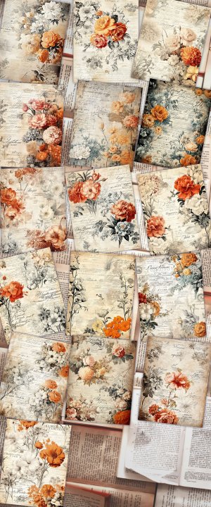 16 Papers | Rustic Soft Orange Floral Scrapbooking Kit, Shabby Chic Printable Pages for Junk Journals, High Res 8K Ephemera, Journaling Set