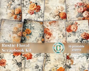 16 Papers | Rustic Soft Orange Floral Scrapbooking Kit, Shabby Chic Printable Pages for Junk Journals, High Res 8K Ephemera, Journaling Set