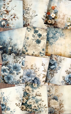 12 Pages of Rustic Soft Blue Floral Scrapbook Paper High Res 8K - Perfect for Invitations, Digital Planners, Journaling, Junk Journals