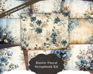 12 Pages of Rustic Soft Blue Floral Scrapbook Paper High Res 8K - Perfect for Invitations, Digital Planners, Journaling, Junk Journals