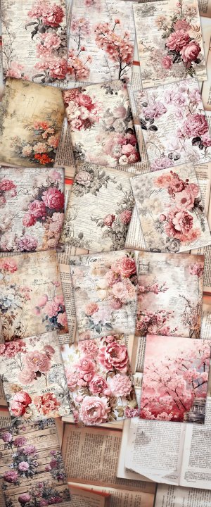 16 Pages of Rustic Soft Pink Floral Scrapbook Paper, Spring Night Background, Fantasy Fairy Tale, Vivid Colors, Shabby Chic Ephemera