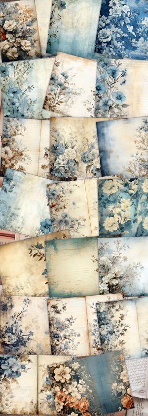 20 pages of Rustic Soft Blue Floral Scrapbook Paper, High Res 8K - Perfect for Invitations, Digital Planners, Journaling, Junk Journals