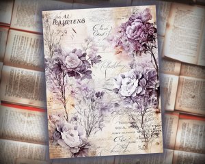 16 Papers | Rustic Soft Violet Floral Scrapbook Paper, High Res 8K, Shabby Chic Ephemera for Junk Journal Kits, Printable Pages and Paper