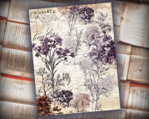 16 Papers | Rustic Soft Violet Floral Scrapbook Paper, High Res 8K, Shabby Chic Ephemera for Junk Journal Kits, Printable Pages and Paper