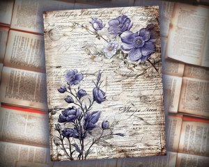 16 Papers | Rustic Soft Violet Floral Scrapbook Paper, High Res 8K, Shabby Chic Ephemera for Junk Journal Kits, Printable Pages and Paper