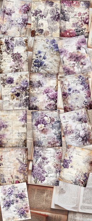 16 Papers | Rustic Soft Violet Floral Scrapbook Paper, High Res 8K, Shabby Chic Ephemera for Junk Journal Kits, Printable Pages and Paper