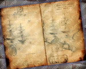 12 papers | Antique Sailboat on Nautical Treasure Map | High Resolution Printable Scrapbooking Papers for Junk Journals, Invitations