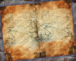 12 papers | Antique Sailboat on Nautical Treasure Map | High Resolution Printable Scrapbooking Papers for Junk Journals, Invitations