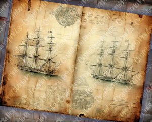 12 papers | Antique Sailboat on Nautical Treasure Map | High Resolution Printable Scrapbooking Papers for Junk Journals, Invitations