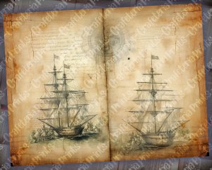 12 papers | Antique Sailboat on Nautical Treasure Map | High Resolution Printable Scrapbooking Papers for Junk Journals, Invitations