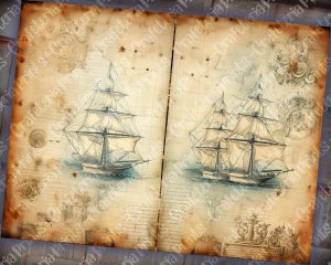 12 papers | Antique Sailboat on Nautical Treasure Map | High Resolution Printable Scrapbooking Papers for Junk Journals, Invitations