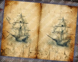 12 papers | Antique Sailboat on Nautical Treasure Map | High Resolution Printable Scrapbooking Papers for Junk Journals, Invitations