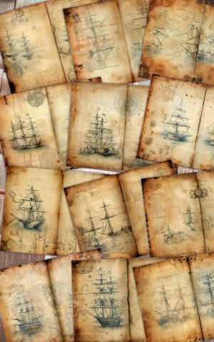 12 papers | Antique Sailboat on Nautical Treasure Map | High Resolution Printable Scrapbooking Papers for Junk Journals, Invitations