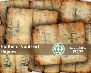 12 papers | Antique Sailboat on Nautical Treasure Map | High Resolution Printable Scrapbooking Papers for Junk Journals, Invitations