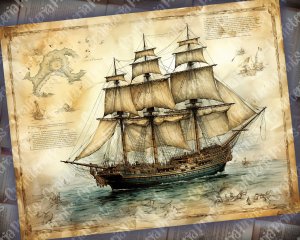 12 Papers | Antique Sailboat on Old Nautical Treasure Map Background | High Resolution Printable Pages | Perfect for Scrapbooking