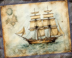 12 Papers | Antique Sailboat on Old Nautical Treasure Map Background | High Resolution Printable Pages | Perfect for Scrapbooking