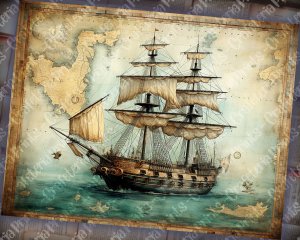 12 Papers | Antique Sailboat on Old Nautical Treasure Map Background | High Resolution Printable Pages | Perfect for Scrapbooking