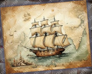 12 Papers | Antique Sailboat on Old Nautical Treasure Map Background | High Resolution Printable Pages | Perfect for Scrapbooking