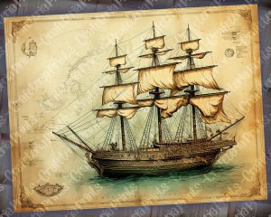 12 Papers | Antique Sailboat on Old Nautical Treasure Map Background | High Resolution Printable Pages | Perfect for Scrapbooking