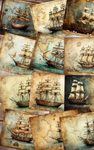 12 Papers | Antique Sailboat on Old Nautical Treasure Map Background | High Resolution Printable Pages | Perfect for Scrapbooking