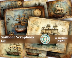 12 Papers | Antique Sailboat on Old Nautical Treasure Map Background | High Resolution Printable Pages | Perfect for Scrapbooking