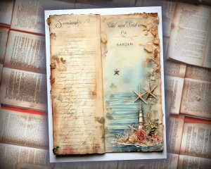 16 papers | Sand and Sea Themed Junk Journal Kit with Intricate Details and Fairy Tale Watercolor Illustrations | Scrapbooking