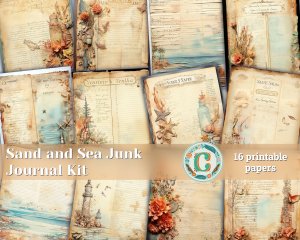 16 papers | Sand and Sea Themed Junk Journal Kit with Intricate Details and Fairy Tale Watercolor Illustrations | Scrapbooking