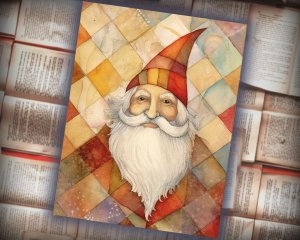 16 papers | Christmas Santa Red and Gold Scrap Patchwork Art, Watercolor Style Illustration for Scrapbooking, Junk Journal Kit